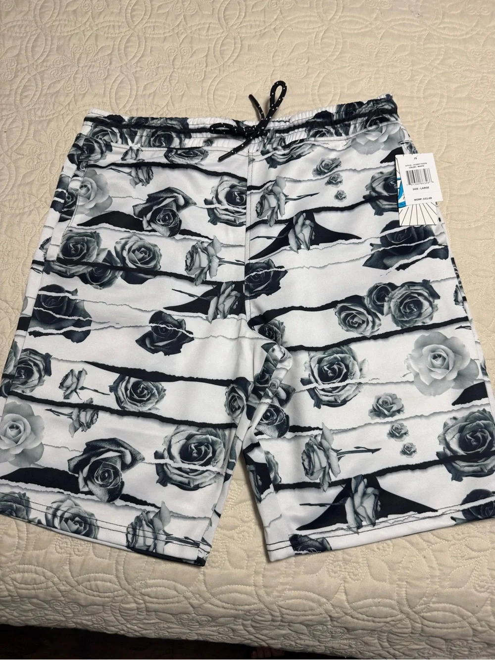 Men's Black & White Rose-Print Swim Board Shorts